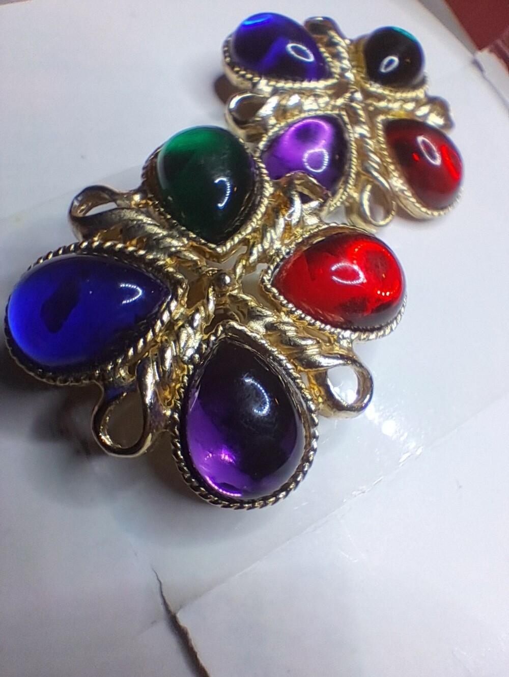 Vintage 80s Multi-Color Glass Cabochon Flower Clip-On Earrings Gold Tone